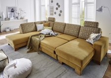 Sedací souprava GARDENA 1090_sestava E1ABL-2,5-LAR_detail funkce na spaní_dvoubarevné provedení v látce Musterstoff yellow_Venezia yellow Sedací souprava GARDENA 1090_sestava E1ABL-2,5-LAR_detail funkce na spaní_dvoubarevné provedení v látce Musterstoff yellow_Venezia yellow