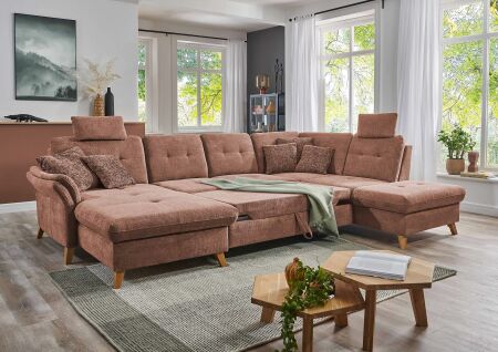 Sedací souprava STOCKHOLM_ sestava 5953 "Longchair levý-2sed-Ottoman pravý"_ ukázka funkce na spaní_ volitelná funkce za příplatek_ v látce Orlean kupfer (skup. Basic)_ obr. 3