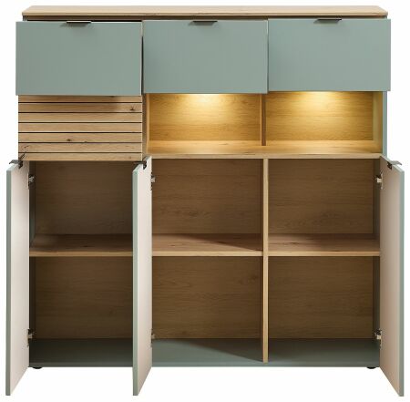 Nábytek do obývacího pokoje ALBA I._ highboard 10 S1 99 22_ rozměry š/v/h_ 125/125/45 cm_ včetně LED osvětlení_ otevřený_ obr. 15