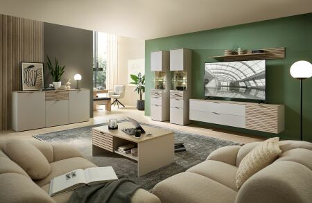 Nábytek do obývacího pokoje ALBA II._ ob. sestava 10 S1 RM 80 + sideboard 10 S1 RM 20 + konf. stůl 20 S1 RM 02 _ včetně LED osvětlení_ foto s dekoracemi_ obr. 1