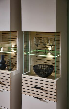 Nábytek do obývacího pokoje a jídelny ALBA II._ detail provedení vitrín a LED osvětlení_ foto s dekoracemi_ obr. 5