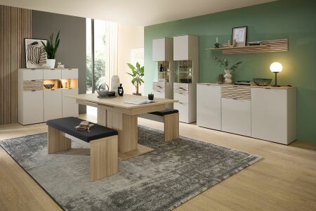 Nábytek do obývacího pokoje a jídelny ALBA II._ sestava "dining room"_ typy 2x 01+20+22+40+20 S1 RM 04+2x  20 S1 RM 03_ včetně LED osvětlení_ foto s dekoracemi_ obr. 1