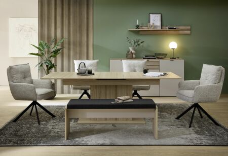 Nábytek do obývacího pokoje a jídelny ALBA II._ sestava "dining room 2"_ typy 20+40+20 S1 RM 04+20 S1 RM 03_  jídelní křesla nejsou součástí sestavy_ foto s dekoracemi_ jídelní stůl rozložený-220 cm_ obr. 2