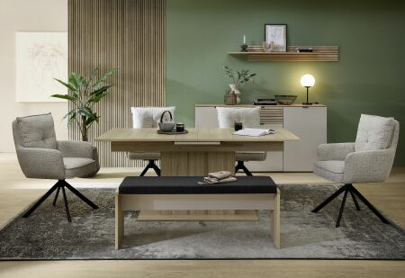 Nábytek do obývacího pokoje a jídelny ALBA II._ sestava "dining room 2"_ typy 20+40+20 S1 RM 04+20 S1 RM 03_  jídelní křesla nejsou součástí sestavy_ foto s dekoracemi_ obr. 1
