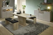 Nábytek do obývacího pokoje a jídelny ALBA II._ sestava "dining room 3"_ typy 20+22+40+20 S1 RM 04+2x 20 S1 RM 03_ včetně LED osvětlení_ jídelní stůl rozložený-220 cm_ foto s dekoracemi_ obr. 2 Nábytek do obývacího pokoje a jídelny ALBA II._ sestava "dining room 3"_ typy 20+22+40+20 S1 RM 04+2x 20 S1 RM 03_ včetně LED osvětlení_ jídelní stůl rozložený-220 cm_ foto s dekoracemi_ obr. 2