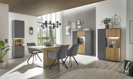 Nábytek do obývacího pokoje a jídelny FELINO at_ sestava "dining room"_ typy 12+48+06+60_ volitelné LED osvětlení v příslušenství_ foto s dekoracemi_ jídelní křesla nejsou součástí sestavy_ obr. 1
