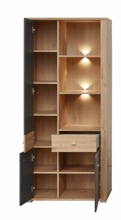 Nábytek do obývacího pokoje a jídelny GATE_ regálová skříňka 10 P3 HG 01_ rozměry š/v/h_ 86/193/38 cm_ čelní pohled_ včetně LED osvětlení_ otevřená_ obr. 7