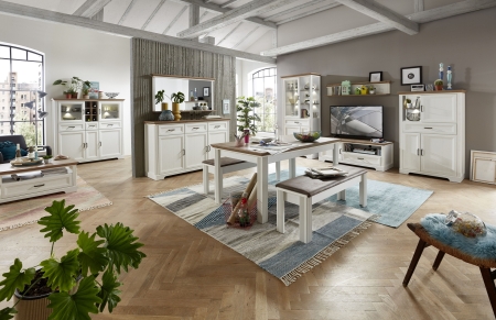 Nábytek do obývacího pokoje a jídelny JASPER_ sestava nábytku "dining room I."_ foto s dekoracemi_ včetně LED osvětlení_ obr. 1