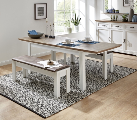 Nábytek do obývacího pokoje a jídelny JASPER_ jídelní stůl 20 G9 UH 01_ rozložený_ rozměry š/v/h_ 160-220/76/90 cm + 2x jídelní lavice 20 G9 UH 03_ š/v/h_ 126/48/41 cm_ foto s dekorací_ obr. 11