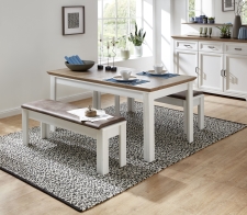Nábytek do obývacího pokoje a jídelny JASPER_ jídelní stůl 20 G9 UH 01_ nerozložený_ rozměry š/v/h_ 160-220/76/90 cm + 2x jídelní lavice 20 G9 UH 03_ š/v/h_ 126/48/41 cm_ foto s dekorací_ obr. 10