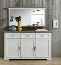 Nábytek do obývacího pokoje a jídelny JASPER_ sideboard 10 G9 UH 20_ rozměry š/v/h_ 166/102/48 cm + závěsné zrcadlo 10 G9 UH 50_ š/v/h_ 142/74/16 cm čelní pohled_ foto s dekoracemi_ obr. 8