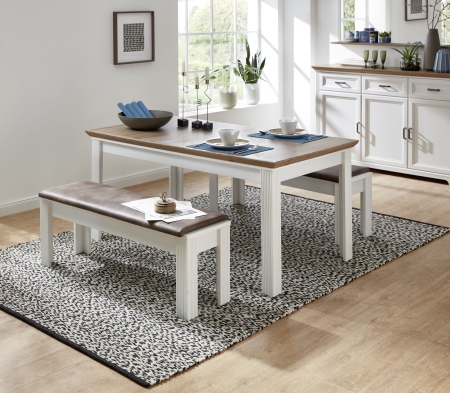 Nábytek do obývacího pokoje a jídelny JASPER_ jídelní stůl 20 G9 UH 01_ nerozložený_ rozměry š/v/h_ 160-220/76/90 cm + 2x jídelní lavice 20 G9 UH 03_ š/v/h_ 126/48/41 cm_ foto s dekorací_ obr. 10