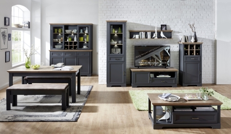 Nábytek do obývacího pokoje a jídelny JASPER graphit_ sestava nábytku "dining room III."_ foto s dekoracemi_ včetně LED osvětlení_ obr. 1