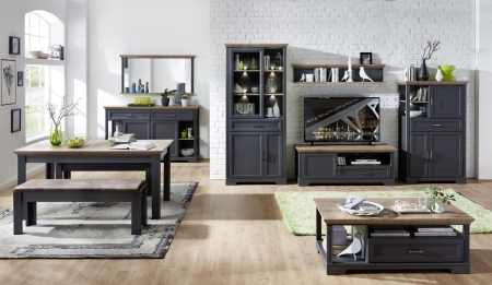 Nábytek do obývacího pokoje a jídelny JASPER graphit_ sestava nábytku "dining room IV."_ foto s dekoracemi_ včetně LED osvětlení_ obr. 1