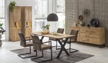 Nábytek do obývacího pokoje a jídelny LISBOA_ sestava "dining room"_ typy 10+11+49A+61+4x jídelní křeslo HI-00403-3_ volitelné LED osvětlení a granitová vložka do vitrín v příslušenství_ foto s dekoracemi_ obr. 1