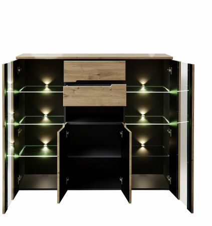 Nábytek do obývacího pokoje a jídelny VANCOUVER_ highboard 1K G6 GH 21_ rozměry š/v/h_ 145/127/38 cm_ včetně LED osvětlení_ otevřený_ obr. 7