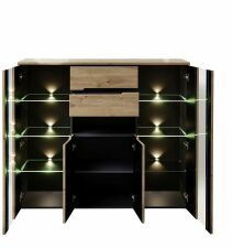 Nábytek do obývacího pokoje a jídelny VANCOUVER_ highboard 1K G6 GH 21_ rozměry š/v/h_ 145/127/38 cm_ včetně LED osvětlení_ otevřený_ obr. 7