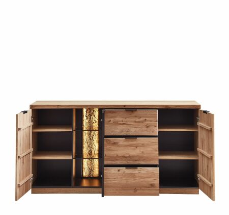 Nábytek do obývacího pokoje ARCANA_ sideboard 42 B9 HH 20_ rozměry š/v/h_ 180/93/48 cm_ otevřený_ foto s dekorací_ volitelné LED osvětlení_ obr. 9