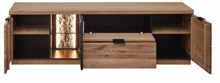 Nábytek do obývacího pokoje ARCANA_ lowboard 42 B9 HH 31_ rozměry š/v/h_ 200/60/50 cm_ otevřený_ foto s dekorací_ volitelné LED osvětlení_ obr. 5