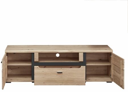 Nábytek do obývacího pokoje ATLANTA_ TV-spodní díl 1L 17 HU 32_ rozměry š/v/h_ 180/55/42 cm_ otevřený_ foto s dekorací_ obr. 9