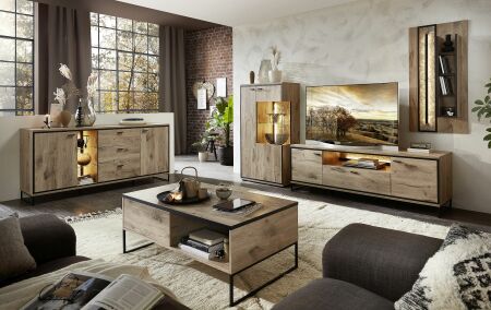 Nábytek do obývacího pokoje CIMA_ obývací sestava 40 78 HH 81_ š/v/h: 290/201/49 cm_ + sideboard 40 78 HH 20_ š/v/h: 180/86/49 cm_ + konf. stůl 20 20 HH 02_ š/v/h: 115/45/65 cm_ LED osvětlení jako volitelné příslušenství_ foto s dekorací_ obr. 1