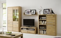 Nábytek do obývacího pokoje FIRENZE_ sestava 40 52 31_ rozměry š/v/h_ 342 (bez mezer mezi elementy)/198/46 cm_ LED osvětlení jako volitelné příslušenství_ foto s dekoracemi_ obr. 1