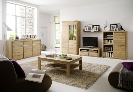 Nábytek do obývacího pokoje FIRENZE_ obývací sestava 405231 + sideboard 49 + konferenční stůl 50_ LED osvětlení jako volitelné příslušenství_ foto s dekoracemi_ obr. 1