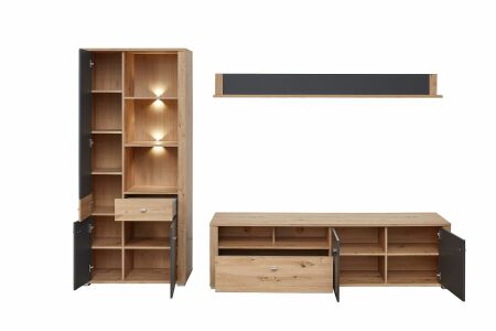 Nábytek do obývacího pokoje GATE_ ob. sestava 10 P3 HG 80_ rozměry š/v/h_ 294/193/45 cm_ čelní pohled_ včetně LED osvětlení_ otevřená_ obr. 5