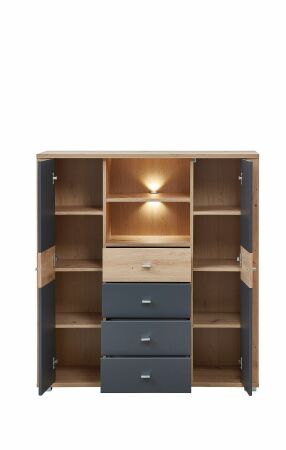 Nábytek do obývacího pokoje GATE_ highboard 10 P3 HG 22_ rozměry š/v/h_ 114/123/38 cm_ čelní pohled_ otevřený_ včetně LED osvětlení_ obr. 14