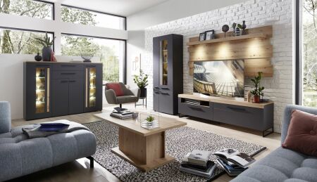 Nbytek do obvacho pokoje LAMIA_ ob. sestava 1B J4 GH 81 + highboard 1B J4 GH 22_ vetn LED osvtlen_ foto s dekoracemi_ obr. 1