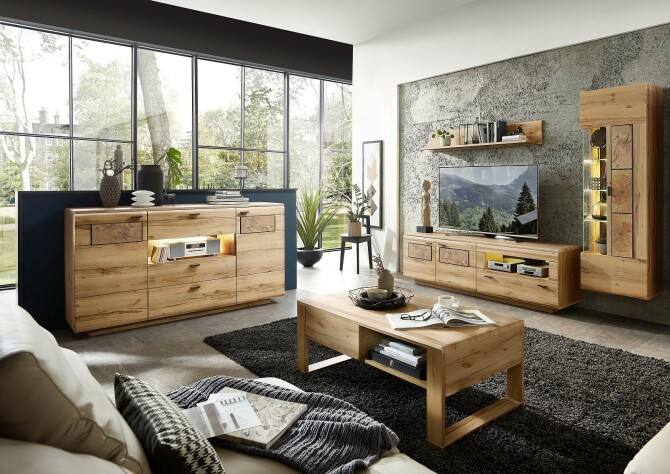 Nábytek do obývacího pokoje MERCURY I._ ob. sestava 40 A6 BB 82 + sideboard 40 A6 BB 20 + konf. stůl 20 01 BB 02 _ volitelné LED osvětlení v příslušenství_ foto s dekoracemi_ obr. 1