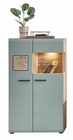 Nábytek do obývacího pokoje PHOENIX_ vitrína 10 A1 H9 02_ rozměry š/v/h_ 80/139/37 cm_ čelní pohled_ včetně LED osvětlení_ foto s dekorací_ obr. 6