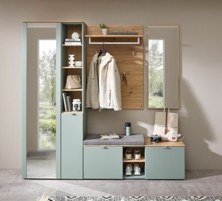 Předsíňový nábytek BONO green_ sestava 30 J1 H9 81_ rozměry š/v/h_ 206/202/38 cm_ čelní pohled_ obr. 2