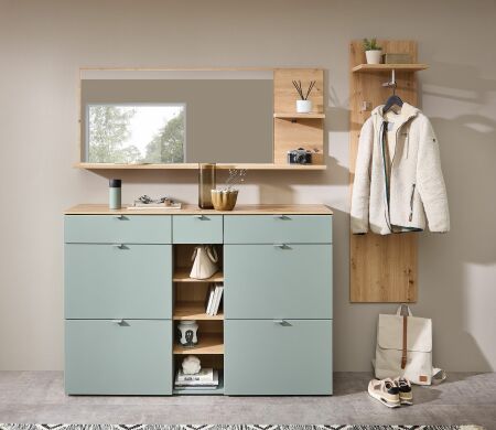 Předsíňový nábytek BONO green_ sestava 30 J1 H9 82_ rozměry š/v/h_ 208/202/38 cm_ čelní pohled_ obr. 1