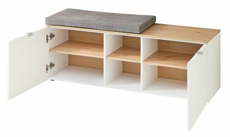 Předsíňový nábytek BONO white_ lavice s polštářem na sezení 30 J1 HW 61_ rozměry š/v/h_ 128/50/38 cm_ otevřená_ vnitřní uspořádání_ obr. 14