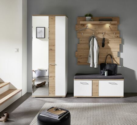 Předsíňový nábytek SINA_ sestava 3S D6 WH 80_ rozměry š/v/h_ 215/200/38 cm_ čelní pohled_ obr. 2