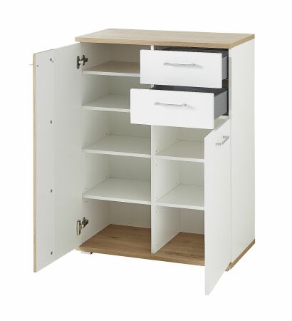 Předsíňový nábytek SINA_ botník 3S D6 WH 11_ rozměry š/v/h_ 80/106/38 cm_ otevřený_ vnitřní uspořádání_ obr. 10