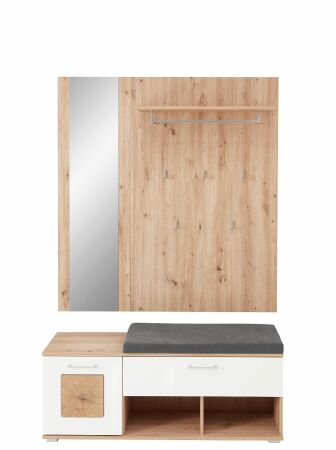 Předsíňový nábytek SUN white_ lavice na sezení se zrcadlem a šatním panelem 30 H3 HW 61_ Předsíňový nábytek SUN white_  rozměry š/v/h_ 126/193/38 cm_ čelní pohled_ obr. 8