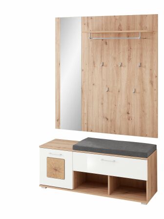 Předsíňový nábytek SUN white_ lavice na sezení se zrcadlem a šatním panelem 30 H3 HW 61_ Předsíňový nábytek SUN white_  rozměry š/v/h_ 126/193/38 cm_ šikmý pohled_ obr. 9