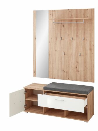 Předsíňový nábytek SUN white_ lavice na sezení se zrcadlem a šatním panelem 30 H3 HW 61_ Předsíňový nábytek SUN white_  rozměry š/v/h_ 126/193/38 cm_ otevřená_ vnitřní uspořádání_ obr. 10