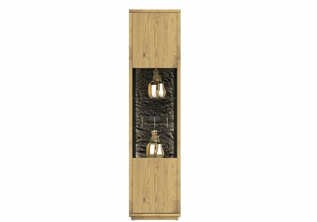 Nábytek do obývacího pokoje ALGARVE_ vitrína 46 16 HH 01_ rozměry š/v/h_ 50/206/41 cm_ volitelné LED osvětlení_ čelní pohled_ vyobrazení s dekoracemi_ obr. 3