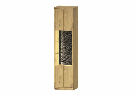 Nábytek do obývacího pokoje ALGARVE_ vitrína 46 16 HH 01_ rozměry š/v/h_ 50/206/41 cm_ volitelné LED osvětlení_ šikmý pohled_ vyobrazení s dekoracemi_ obr. 4