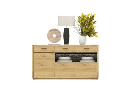 Nábytek do obývacího pokoje ALGARVE_ sideboard 46 16 HH 20_ rozměry š/v/h_ 166/88/45 cm_ volitelné LED osvětlení_ čelní pohled_ vyobrazení s dekoracemi_ obr. 6
