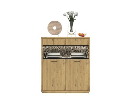 Nábytek do obývacího pokoje ALGARVE_ highboard 46 16 HH 22_ rozměry š/v/h_ 120/139/41 cm_ volitelné LED osvětlení_ čelní pohled_ vyobrazení s dekoracemi_ obr. 10