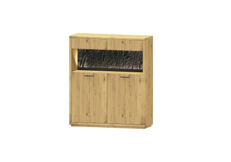 Nábytek do obývacího pokoje ALGARVE_ highboard 46 16 HH 22_ rozměry š/v/h_ 120/139/41 cm_ volitelné LED osvětlení_ šikmý pohled_ vyobrazení s dekoracemi_ obr. 3