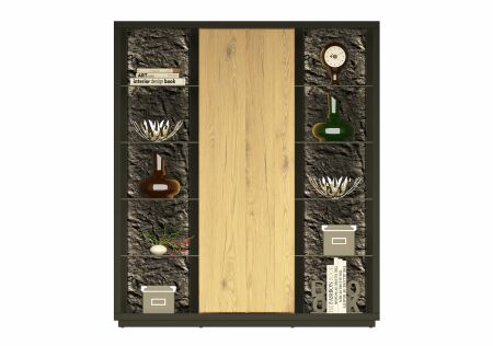Nábytek do obývacího pokoje ALGARVE_ highboard 46 16 HH 24_ rozměry š/v/h_ 120/139/41 cm_ volitelné LED osvětlení_ čelní pohled_ vyobrazení s dekoracemi_ obr. 10