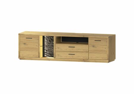Nábytek do obývacího pokoje ALGARVE_ TV-spodní díl 46 16 HH 32_ rozměry š/v/h_ 210/59/51 cm_ volitelné LED osvětlení_ šikmý pohled_ vyobrazení s dekoracemi_ obr. 7