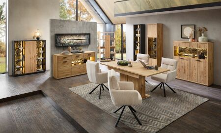 Nábytek do obývacího pokoje a jídelny ALGARVE_ sestava "dining room"_ typy 22+20+43+24+28+01+08+jídelní stůl_ volitelné LED osvětlení v příslušenství_ foto s dekoracemi_ jídelní křesla nejsou součástí sestavy_ obr. 2