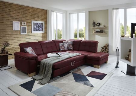 Sedací souprava SAMU_ sestava 3LKV -1,5KORKV_ rohové rozměry sestavy zleva 299 x 243 cm_ polohovatelné opěrky hlavy ve standardu_ ostatní volitelné funkce za příplatek_ v látce Deluxe wine_ obr. 10