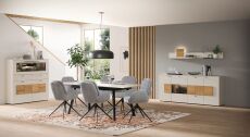 Nábytek do obývacího pokoje a jídelny SORENTO_ sestava "dining room 2"_ typy 21+40+22_ včetně LED osvětlení_ foto s dekoracemi_ jídelní stůl a křesla nejsou součástí sestavy_ obr. 1
